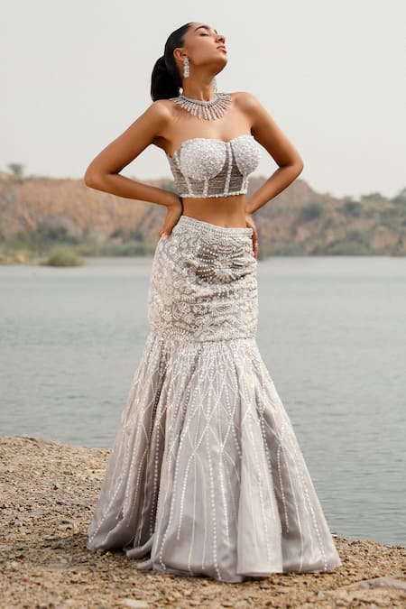 Buy_Label Moni K_Gray Satin, Organza Sequins, Floral Embroidered Fishcut Lehenga And Corset Blouse _Online_at_Aza_Fashions