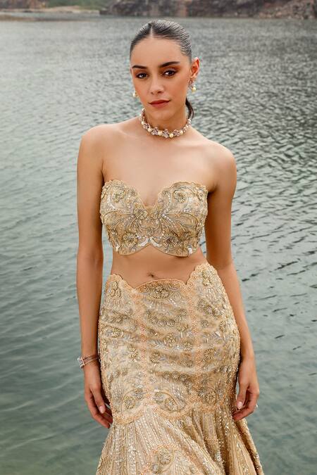 Shop Label Moni K Gold Organza, Net Beads, Sequins, Zari Zardozi Embroidered Lehenga Set Online at Aza Fashions Shop_Label Moni K_Gold Organza, Net Beads, Sequins, Zari Zardozi Embroidered Lehenga Set _Online_at_Aza_Fashions