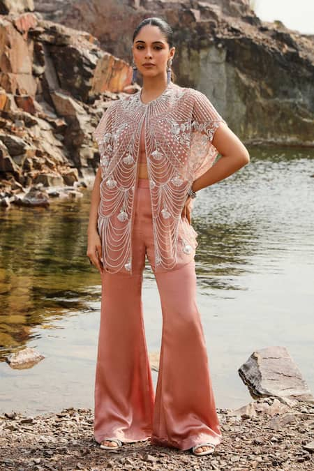 Label Moni K Peach Embroidered Cape Blouse & Bell Bottom Pant 