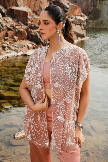 Shop Label Moni K Peach Organza Cut Work, Sequins, Embroidered Cape Blouse And Bell Bottom Pant Online at Aza Fashions Shop_Label Moni K_Peach Organza Cut Work, Sequins, Embroidered Cape Blouse And Bell Bottom Pant _Online_at_Aza_Fashions