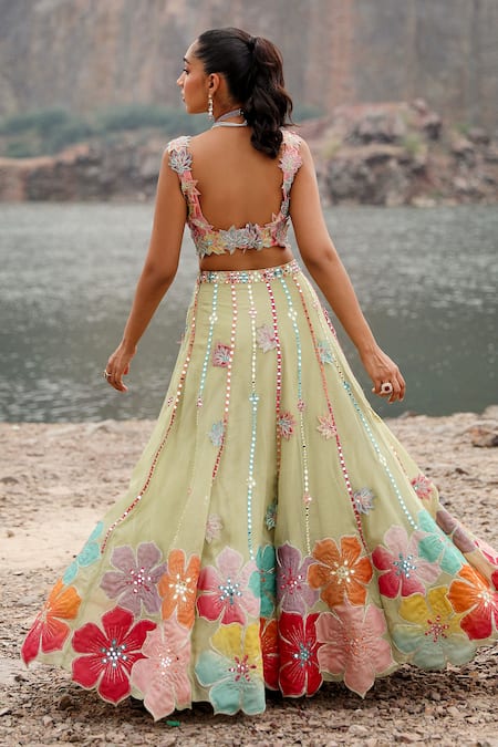 Label Moni K Green Viscose, Organza Embroidery, Sequins, Mirrors Floral Patchwork Lehenga Set Online at Aza Fashions Label Moni K_Green Viscose, Organza Embroidery, Sequins, Mirrors Floral Patchwork Lehenga Set _Online_at_Aza_Fashions