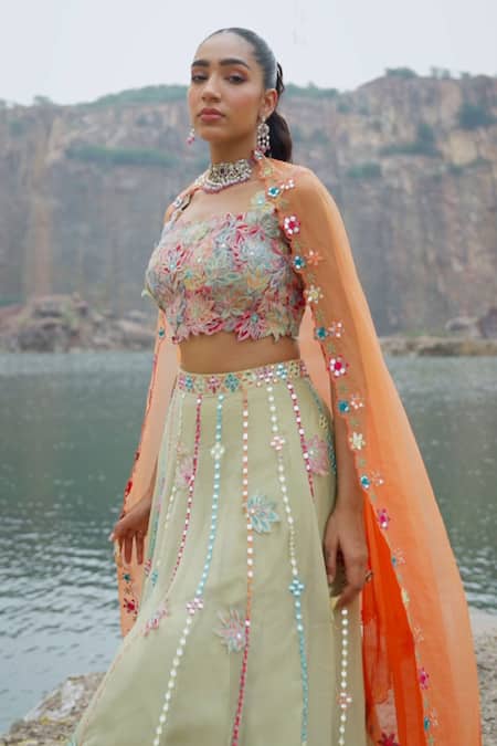 Buy Label Moni K Green Viscose, Organza Embroidery, Sequins, Mirrors Floral Patchwork Lehenga Set Online at Aza Fashions Buy_Label Moni K_Green Viscose, Organza Embroidery, Sequins, Mirrors Floral Patchwork Lehenga Set _Online_at_Aza_Fashions