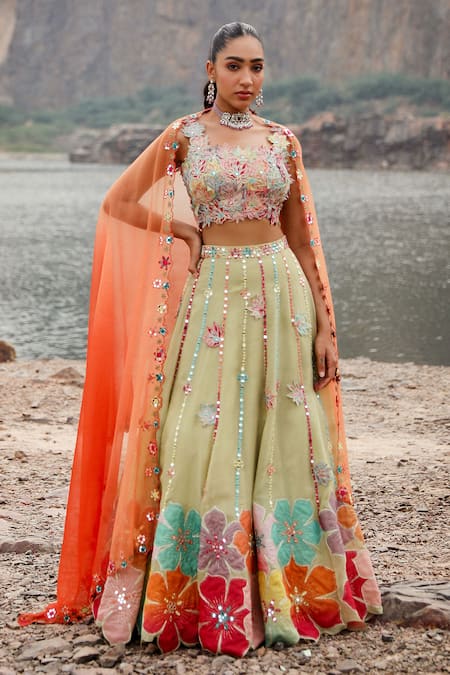 Shop Label Moni K Green Viscose, Organza Embroidery, Sequins, Mirrors Floral Patchwork Lehenga Set Online at Aza Fashions Shop_Label Moni K_Green Viscose, Organza Embroidery, Sequins, Mirrors Floral Patchwork Lehenga Set _Online_at_Aza_Fashions