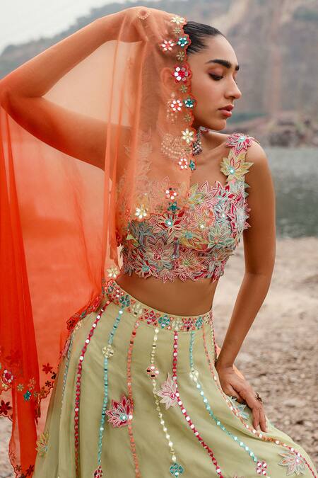 Label Moni K Green Viscose, Organza Embroidery, Sequins, Mirrors Floral Patchwork Lehenga Set at Aza Fashions Label Moni K_Green Viscose, Organza Embroidery, Sequins, Mirrors Floral Patchwork Lehenga Set _at_Aza_Fashions