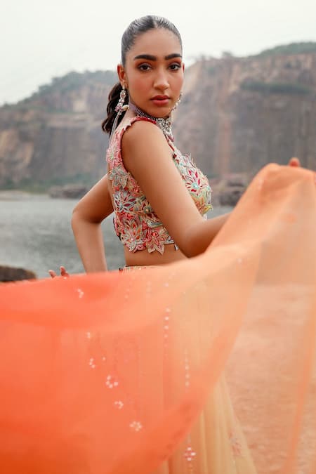 Buy Label Moni K Green Viscose, Organza Embroidery, Sequins, Mirrors Floral Patchwork Lehenga Set Buy_Label Moni K_Green Viscose, Organza Embroidery, Sequins, Mirrors Floral Patchwork Lehenga Set