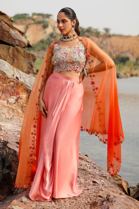 Label Moni K_Peach Organza, Satin Cut Work, Embroidery, Mirrors Square Blouse Dhoti Skirt Set _Online_at_Aza_Fashions