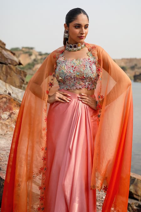 Buy_Label Moni K_Peach Organza, Satin Cut Work, Embroidery, Mirrors Square Blouse Dhoti Skirt Set _Online_at_Aza_Fashions