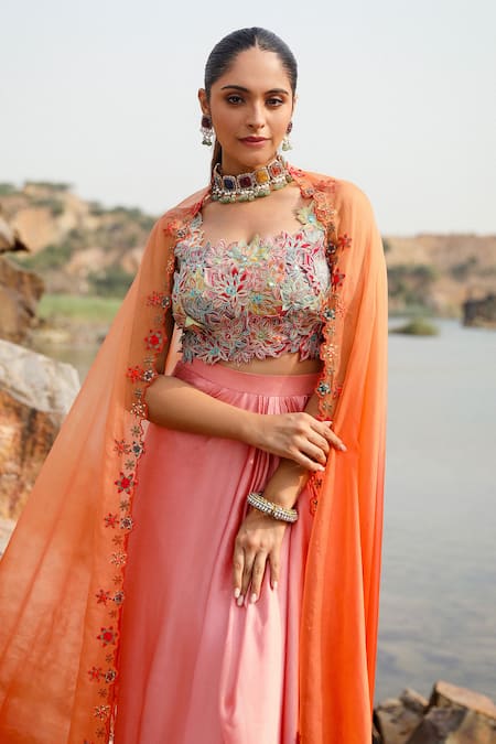 Shop_Label Moni K_Peach Organza, Satin Cut Work, Embroidery, Mirrors Square Blouse Dhoti Skirt Set _Online_at_Aza_Fashions