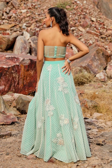 Shop Label Moni K Blue Organza, Net Diamonds, Embroidery, Cut Work, Sequins Chevron Lehenga Set at Aza Fashions Shop_Label Moni K_Blue Organza, Net Diamonds, Embroidery, Cut Work, Sequins Chevron Lehenga Set _at_Aza_Fashions