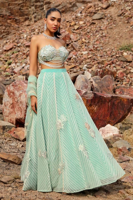 Label Moni K Blue Organza, Net Diamonds, Embroidery, Cut Work, Sequins Chevron Lehenga Set Online at Aza Fashions Label Moni K_Blue Organza, Net Diamonds, Embroidery, Cut Work, Sequins Chevron Lehenga Set _Online_at_Aza_Fashions