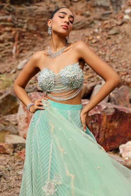 Shop Label Moni K Blue Organza, Net Diamonds, Embroidery, Cut Work, Sequins Chevron Lehenga Set Online at Aza Fashions Shop_Label Moni K_Blue Organza, Net Diamonds, Embroidery, Cut Work, Sequins Chevron Lehenga Set _Online_at_Aza_Fashions