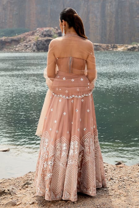 Shop Label Moni K Gold Organza Mirrors, Gota Patti, Embroidery, Sequins Champagne Lehenga Set at Aza Fashions Shop_Label Moni K_Gold Organza Mirrors, Gota Patti, Embroidery, Sequins Champagne Lehenga Set _at_Aza_Fashions