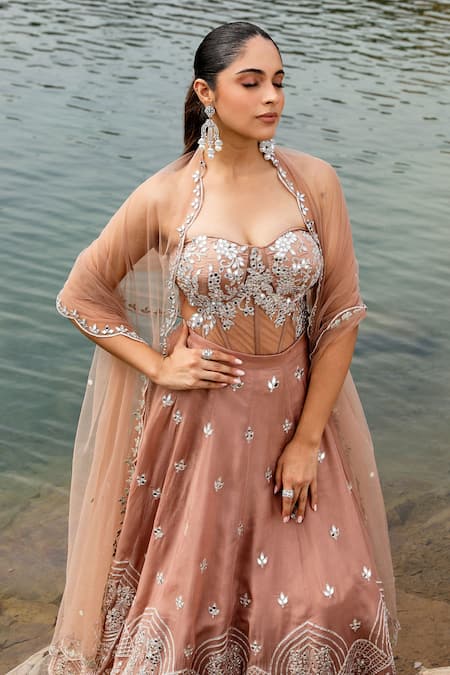 Label Moni K Gold Organza Mirrors, Gota Patti, Embroidery, Sequins Champagne Lehenga Set Online at Aza Fashions Label Moni K_Gold Organza Mirrors, Gota Patti, Embroidery, Sequins Champagne Lehenga Set _Online_at_Aza_Fashions