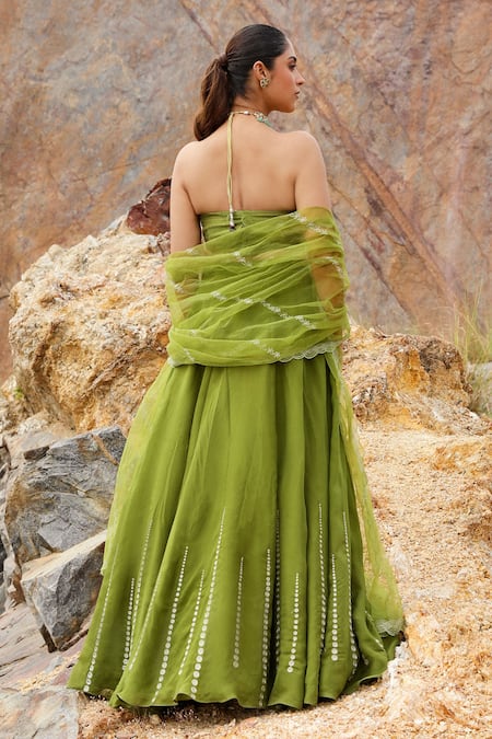 Shop_Label Moni K_Green Silk, Organza, Net Beads, Zari Floral Embroidered Blouse And Skirt Set _at_Aza_Fashions