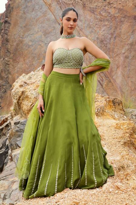 Label Moni K_Green Silk, Organza, Net Beads, Zari Floral Embroidered Blouse And Skirt Set _Online_at_Aza_Fashions