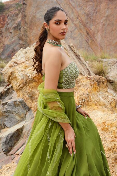 Buy_Label Moni K_Green Silk, Organza, Net Beads, Zari Floral Embroidered Blouse And Skirt Set _Online_at_Aza_Fashions