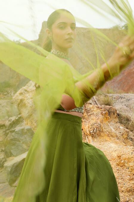 Shop_Label Moni K_Green Silk, Organza, Net Beads, Zari Floral Embroidered Blouse And Skirt Set _Online_at_Aza_Fashions