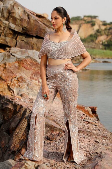 Buy Label Moni K Beige Silk Sequins, Stones Embroidered Cape Sleeve Top And Slit Pant Set Online at Aza Fashions Buy_Label Moni K_Beige Silk Sequins, Stones Embroidered Cape Sleeve Top And Slit Pant Set _Online_at_Aza_Fashions