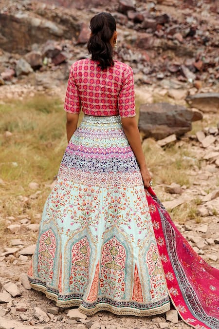 Label Moni K_Blue Silk Embroidery, Sequins V-neck Gul Print And Lehenga Set _Online_at_Aza_Fashions