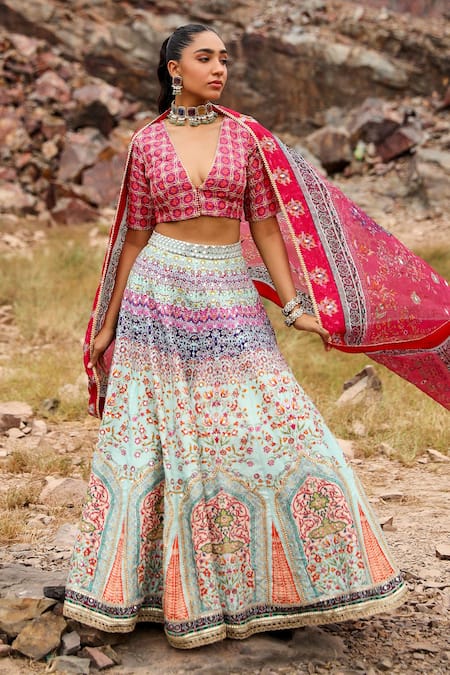 Buy_Label Moni K_Blue Silk Embroidery, Sequins V-neck Gul Print And Lehenga Set _Online_at_Aza_Fashions