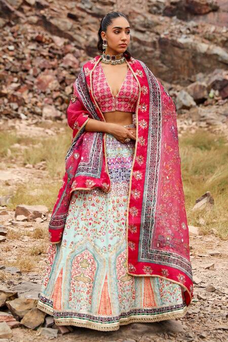 Shop_Label Moni K_Blue Silk Embroidery, Sequins V-neck Gul Print And Lehenga Set _Online_at_Aza_Fashions