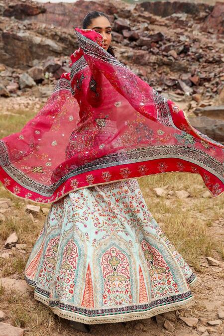 Label Moni K_Blue Silk Embroidery, Sequins V-neck Gul Print And Lehenga Set _at_Aza_Fashions