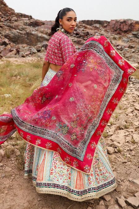 Buy_Label Moni K_Blue Silk Embroidery, Sequins V-neck Gul Print And Lehenga Set 