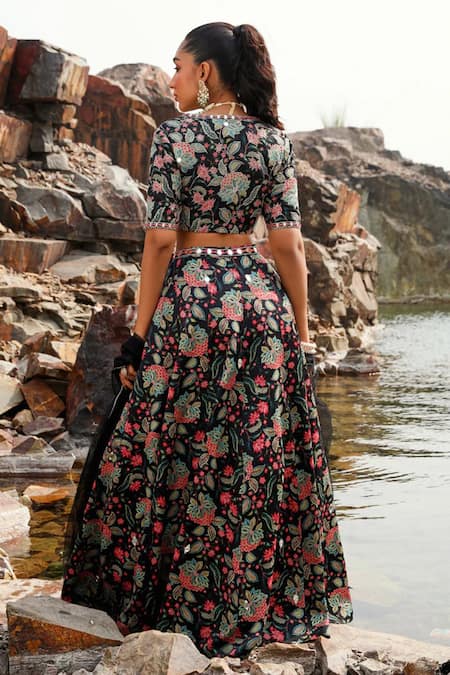 Label Moni K Black Phool Print Lehenga Set 