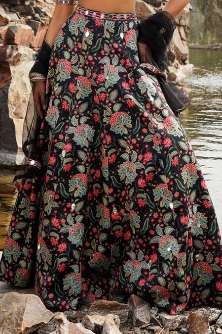 Buy_Label Moni K_Black Net, Jersey, Satin Mirrors, Embroidery V-neck Phool Print Lehenga Set _Online_at_Aza_Fashions