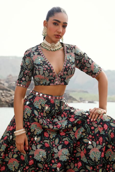 Shop_Label Moni K_Black Net, Jersey, Satin Mirrors, Embroidery V-neck Phool Print Lehenga Set _Online_at_Aza_Fashions