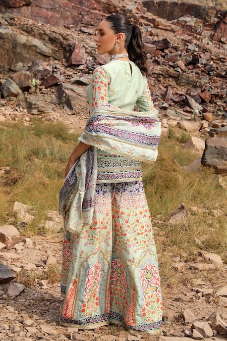 Label Moni K Green Silk, Organza Embroidery Round Neck Gullista Print Kurta Gharara Set Online at Aza Fashions Label Moni K_Green Silk, Organza Embroidery Round Neck Gullista Print Kurta Gharara Set _Online_at_Aza_Fashions