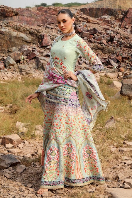 Shop Label Moni K Green Silk, Organza Embroidery Round Neck Gullista Print Kurta Gharara Set Online at Aza Fashions Shop_Label Moni K_Green Silk, Organza Embroidery Round Neck Gullista Print Kurta Gharara Set _Online_at_Aza_Fashions