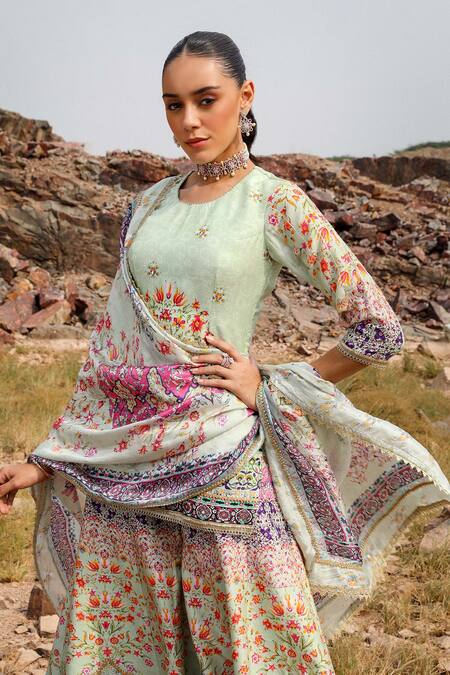 Label Moni K Green Silk, Organza Embroidery Round Neck Gullista Print Kurta Gharara Set at Aza Fashions Label Moni K_Green Silk, Organza Embroidery Round Neck Gullista Print Kurta Gharara Set _at_Aza_Fashions
