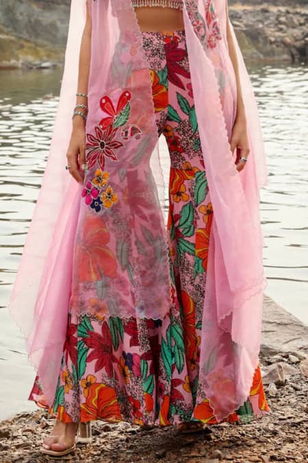 Label Moni K_Pink Organza Embroidery, Patchwork Sweetheart Bageecha Bloom Cape And Gharara Set _Online_at_Aza_Fashions