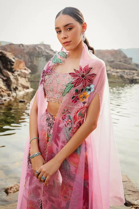 Buy_Label Moni K_Pink Organza Embroidery, Patchwork Sweetheart Bageecha Bloom Cape And Gharara Set _Online_at_Aza_Fashions