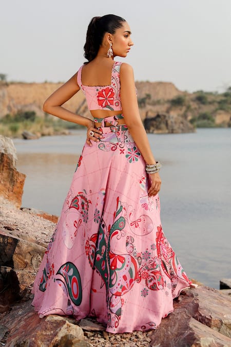 Shop_Label Moni K_Pink Organza Embroidery V-neck Paisley Bloom Cape And Lehenga Set _at_Aza_Fashions