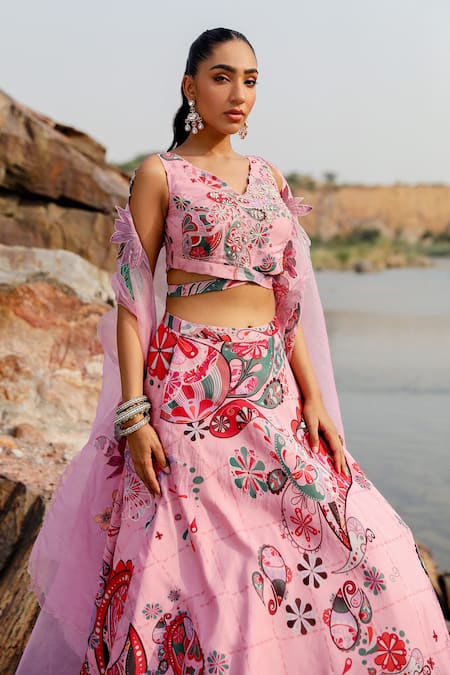 Label Moni K_Pink Organza Embroidery V-neck Paisley Bloom Cape And Lehenga Set _Online_at_Aza_Fashions