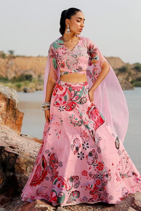 Shop_Label Moni K_Pink Organza Embroidery V-neck Paisley Bloom Cape And Lehenga Set _Online_at_Aza_Fashions