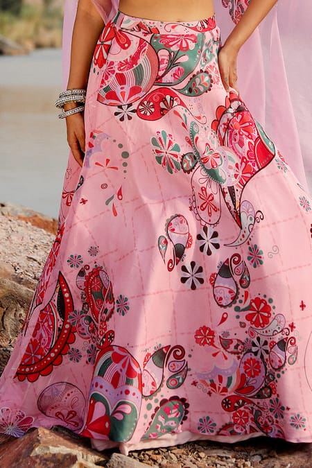 Label Moni K_Pink Organza Embroidery V-neck Paisley Bloom Cape And Lehenga Set _at_Aza_Fashions