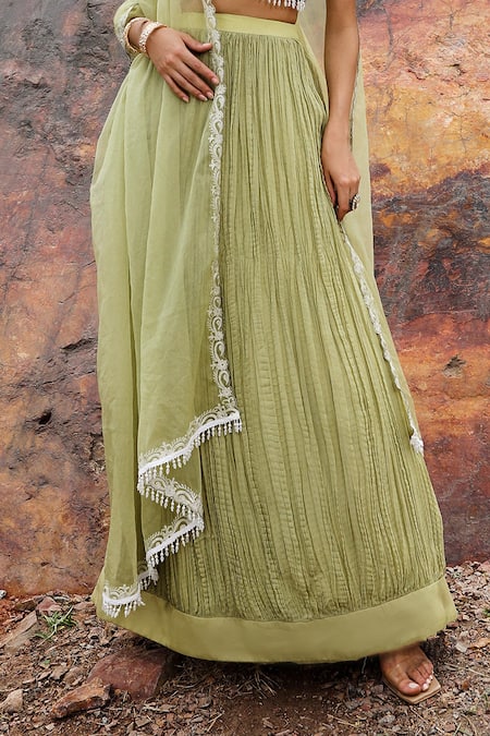 Label Moni K Green Viscose, Organza, Crepe Embroidery V-neck Blossom Crushed Lehenga Set Online at Aza Fashions Label Moni K_Green Viscose, Organza, Crepe Embroidery V-neck Blossom Crushed Lehenga Set _Online_at_Aza_Fashions