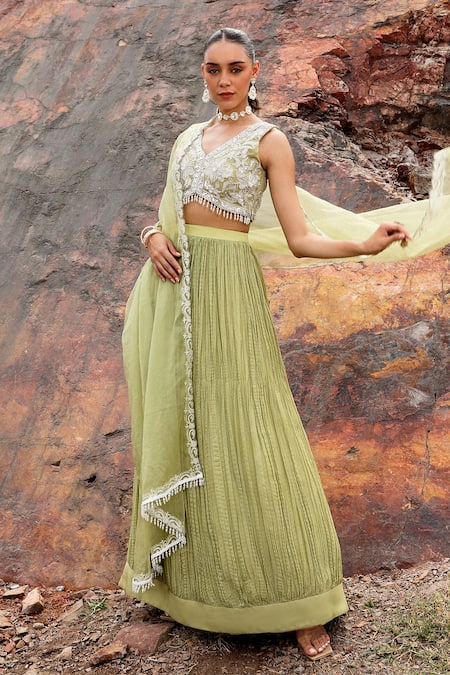 Buy Label Moni K Green Viscose, Organza, Crepe Embroidery V-neck Blossom Crushed Lehenga Set Online at Aza Fashions Buy_Label Moni K_Green Viscose, Organza, Crepe Embroidery V-neck Blossom Crushed Lehenga Set _Online_at_Aza_Fashions