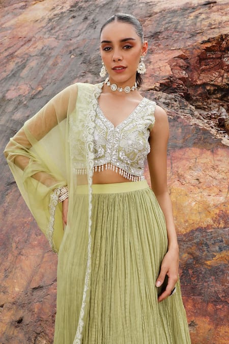 Shop Label Moni K Green Viscose, Organza, Crepe Embroidery V-neck Blossom Crushed Lehenga Set Online at Aza Fashions Shop_Label Moni K_Green Viscose, Organza, Crepe Embroidery V-neck Blossom Crushed Lehenga Set _Online_at_Aza_Fashions