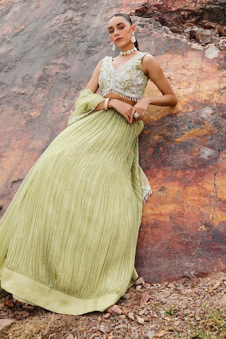 Label Moni K Green Viscose, Organza, Crepe Embroidery V-neck Blossom Crushed Lehenga Set at Aza Fashions Label Moni K_Green Viscose, Organza, Crepe Embroidery V-neck Blossom Crushed Lehenga Set _at_Aza_Fashions