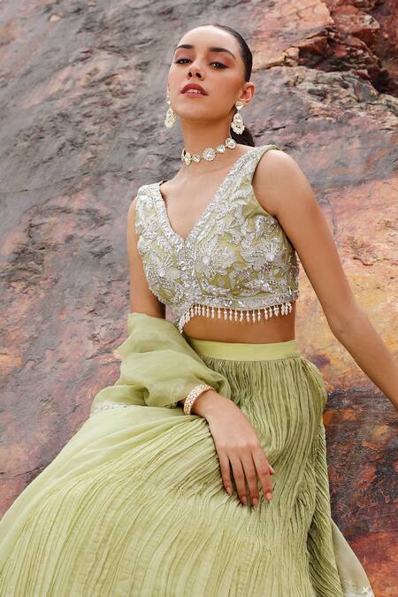 Buy Label Moni K Green Viscose, Organza, Crepe Embroidery V-neck Blossom Crushed Lehenga Set Buy_Label Moni K_Green Viscose, Organza, Crepe Embroidery V-neck Blossom Crushed Lehenga Set