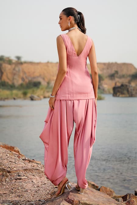 Shop Label Moni K Pink Satin Embroidery V-neck Dori Kurta With Harem Pant at Aza Fashions Shop_Label Moni K_Pink Satin Embroidery V-neck Dori Kurta With Harem Pant _at_Aza_Fashions