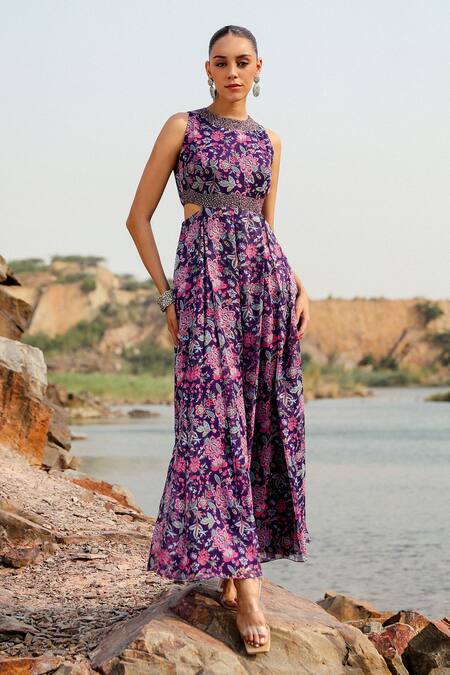 Label Moni K Purple Chiffon Embroidery Halter Neck Floral Print Designer Jumpsuit Online at Aza Fashions Label Moni K_Purple Chiffon Embroidery Halter Neck Floral Print Designer Jumpsuit _Online_at_Aza_Fashions