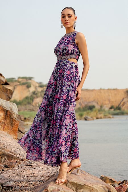 Buy Label Moni K Purple Chiffon Embroidery Halter Neck Floral Print Designer Jumpsuit Online at Aza Fashions Buy_Label Moni K_Purple Chiffon Embroidery Halter Neck Floral Print Designer Jumpsuit _Online_at_Aza_Fashions