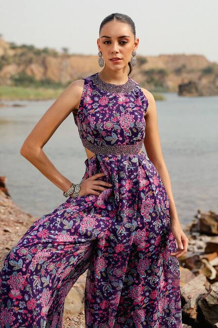 Shop Label Moni K Purple Chiffon Embroidery Halter Neck Floral Print Designer Jumpsuit Online at Aza Fashions Shop_Label Moni K_Purple Chiffon Embroidery Halter Neck Floral Print Designer Jumpsuit _Online_at_Aza_Fashions