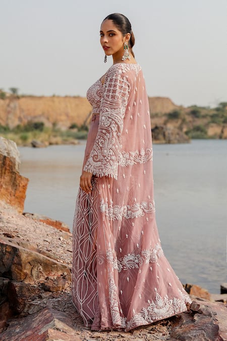 Shop_Label Moni K_Purple Net Crystals Sweetheart Neck Embroidered Jacket And Gharara Set _at_Aza_Fashions