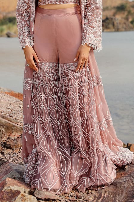 Label Moni K_Purple Net Crystals Sweetheart Neck Embroidered Jacket And Gharara Set _Online_at_Aza_Fashions